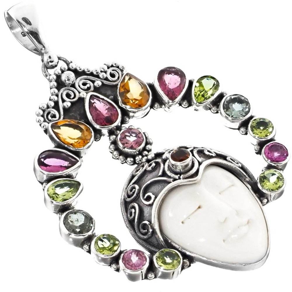 925 Sterling Silver Tourmaline Peridot Citrine Goddess Carving Pendant, 2 5/8"